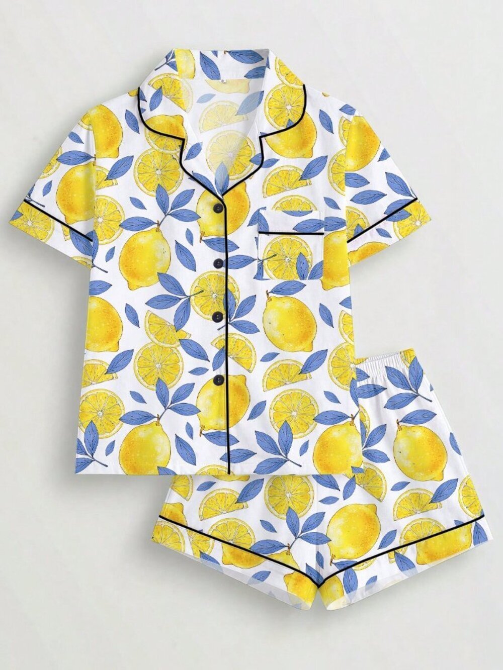 White Women's Lemon Print Pajama Sleeve Lapel Top and Shorts set